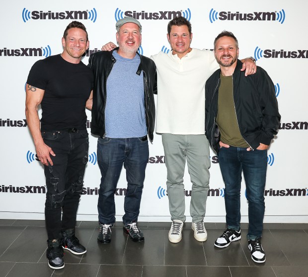 NEW YORK, NEW YORK - SEPTEMBER 18: Jeff Timmons, Justin Jeffre, Nick Lachey, and Drew Lachey of 98 Degrees visit SiriusXM Studios on September 18, 2023 in New York City. (Photo by Arturo Holmes/Getty Images)