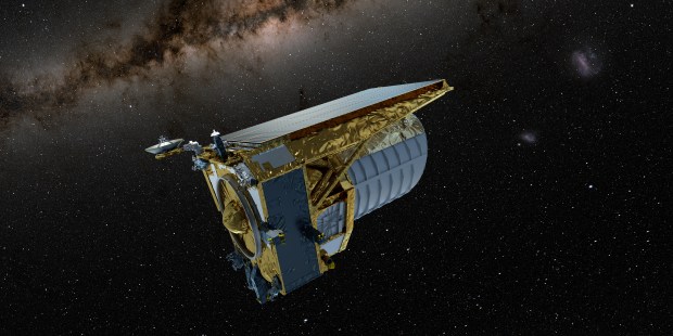 This artist impression shows the Euclid spacecraft that looks to scan 1/3 of the night sky searching for answers to questions about dark matter and dark energy. (ATG/ESA, Handout)