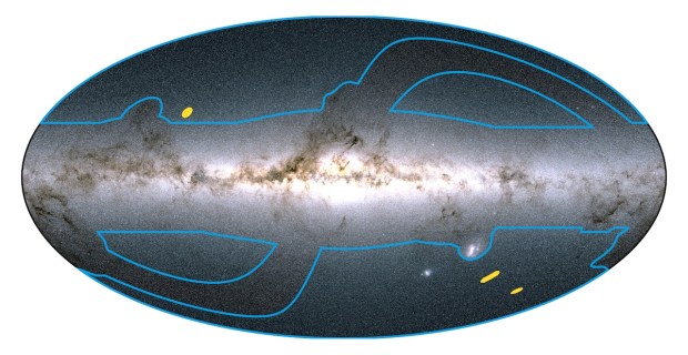 This graphic shows the location of the fields on the sky that will be covered by Euclid's wide (blue) and deep (yellow) surveys. The sky is shown in the Galactic coordinate system, with the bright horizontal band corresponding to the plane of our Milky Way galaxy, where most of its stars reside. The portions of the sky that will be covered by the wide survey are outlined by blue lines in this image. They comprise the two large portions to the upper left and lower right of the Galactic Center, and the two smaller portions to the upper right and lower left of the Galactic Center. Other regions are avoided because they are dominated by Milky Way stars and interstellar matter, or by diffuse dust in the Solar System the so-called zodiacal light. The wide survey is complemented by a deep survey, taking about 10% of the total observing time and repeatedly observing just three patches of the sky called the Euclid Deep Fields, highlighted in yellow in this image. (ESA/Gaia/DPAC; Euclid Consortium, Handout)