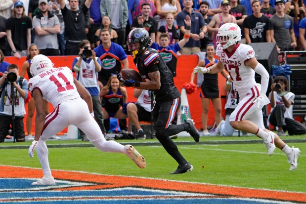 Florida wide receiver Eugene Wilson III, center, scores 19-yard touchdown against Arkansas, one of three TDs in three games for the Gators' freshman. (AP Photo/John Raoux)