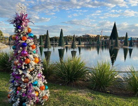 Holiday trees are on land (here on Pipeline Pathway) and at sea at SeaWorld Orlando during its Christmas celebration. (Dewayne Bevil/Orlando Sentinel).