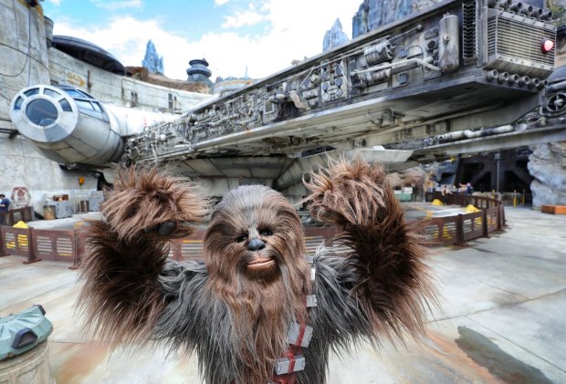 Chewbacca in front of the Millennium Falcon at Black Spire Outpost at the Star Wars: Galaxy's Edge attraction at Disney's Hollywood Studios in Lake Buena Vista. (Joe Burbank/Orlando Sentinel)