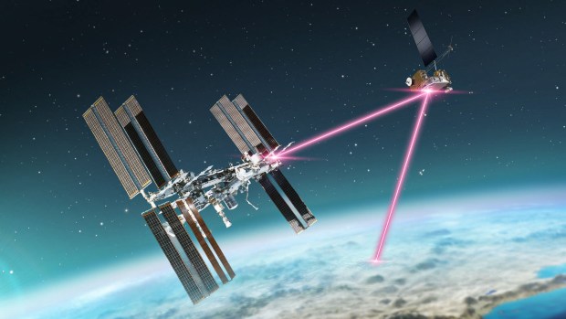 This artistic depiction of ILLUMA-T communicating to LCRD over laser links. ILLUMA-T demonstrates two different data transfer speeds from low-Earth orbit to the ground via a relay link. The links can be used to stream real-time data or for large bulk data transfers. (NASA Handout)