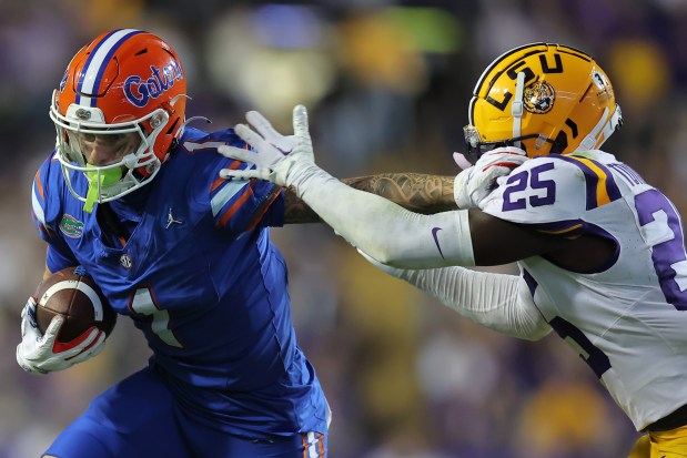 Florida receiver Ricky Pearsall runs with the ball during the Gators' 52-35 loss Nov. 11 at LSU's Tiger Stadium in Baton Rouge. (Photo by Jonathan Bachman/Getty Images) *** BESTPIX ***