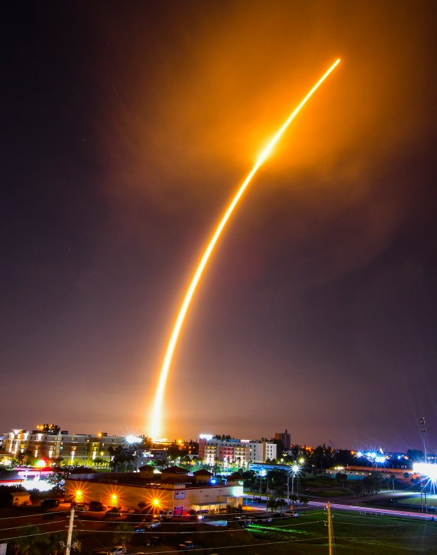 A SpaceX Falcon 9 rocket carrying Starlink internet satellites launches from Launch Complex 40 at Cape Canaveral Space Force Station in Fla., Saturday, Sept. 23, 2023. (Malcolm Denemark/Florida Today via AP)