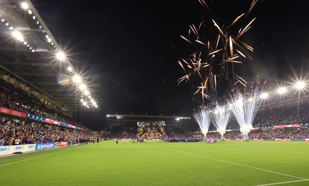 Fireworks explode before the start of the MLS Playoff match of Nashville Soccer Club at Orlando City Soccer at Exploria Stadium in Orlando on Monday, October 30, 2023. (Stephen M. Dowell/Orlando Sentinel)