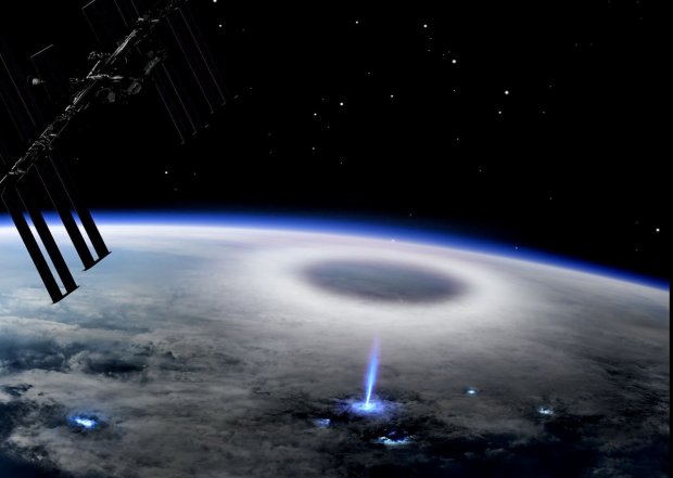 This artist's impression of a blue jet observed from the International Space Station is related to the European Space Agency Thor-Davis investigation, which will photograph lightning from the vantage point of space. The hardware is flying up to the ISS on the SpaceX CRS-28 mission launching from Kennedy Space Center. (Courtesy of Mount Visual/University of Bergen/DTU Space)